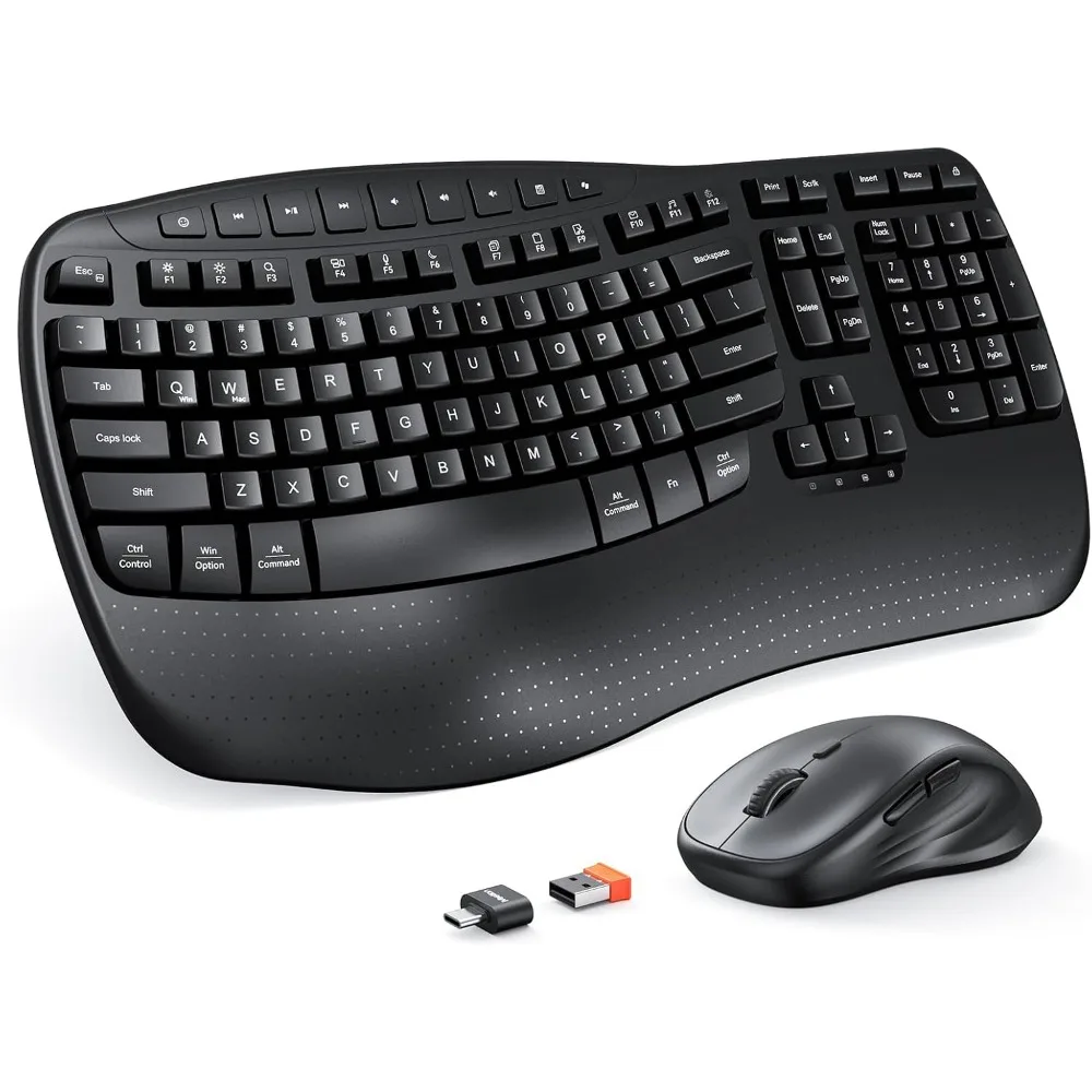 Wireless Keyboard and Mouse, Wave Keys, 2.4G USB, Adjustable DPI, for PC/Laptop/Mac, Black