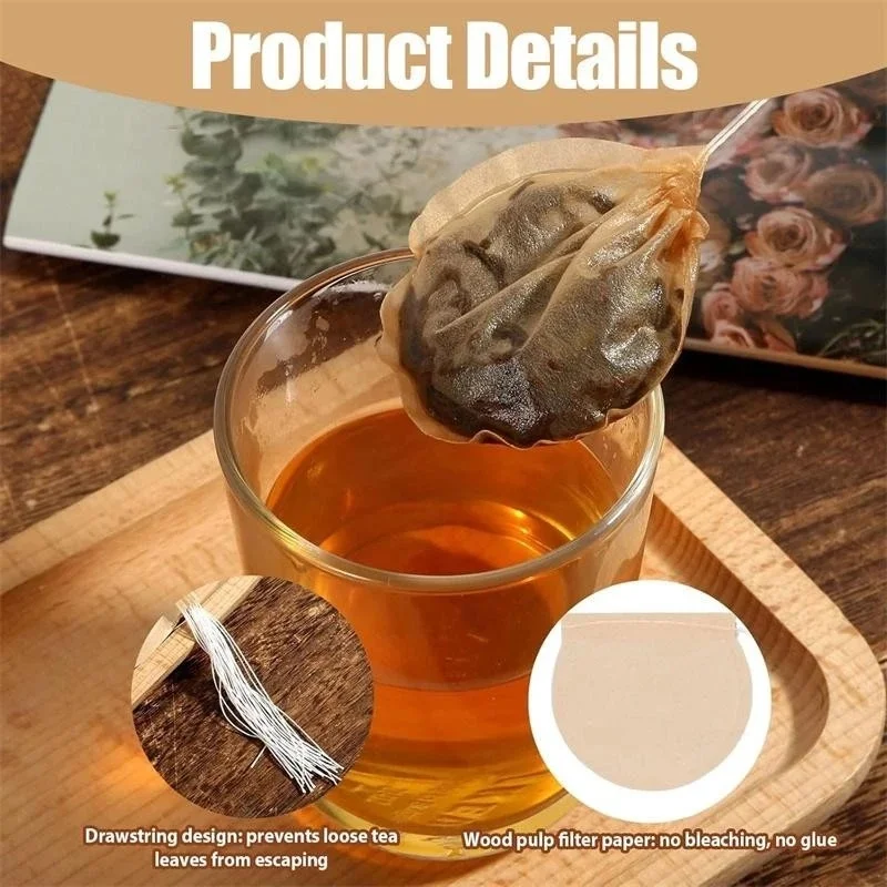 100 قطعة أكياس الشاي القابل للتصرف ، أكياس الشاي تصفية الرباط أكياس تصفية الشاي القابل للتصرف ، أكياس الشاي الرباط المستديرة أكياس ورق فلتر الشاي #4