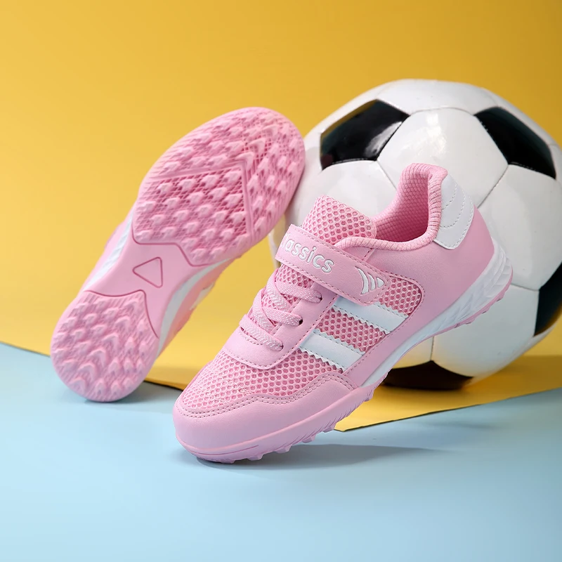 

Pink Soccer Shoes Girl Child Sneakers Hook Loop Turf Football Shoes Boys Breathable Mesh Futsal Shoes For Kids chaussure enfant