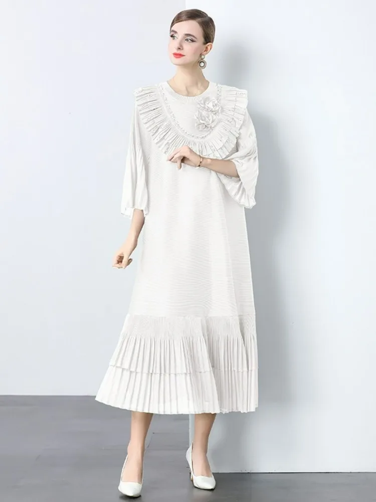 ミヤケ レディース ロングドレス 夏 2025 ルーズ ファッション ハイストレッチ フリル ビーズ 長袖 花柄ローブ