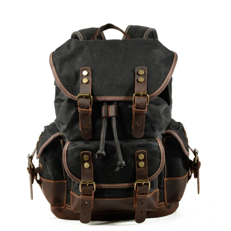 Retro double-shoulder bag casual student schoolbag large-capacity travel backpack canvas stitched leather hiking backpack