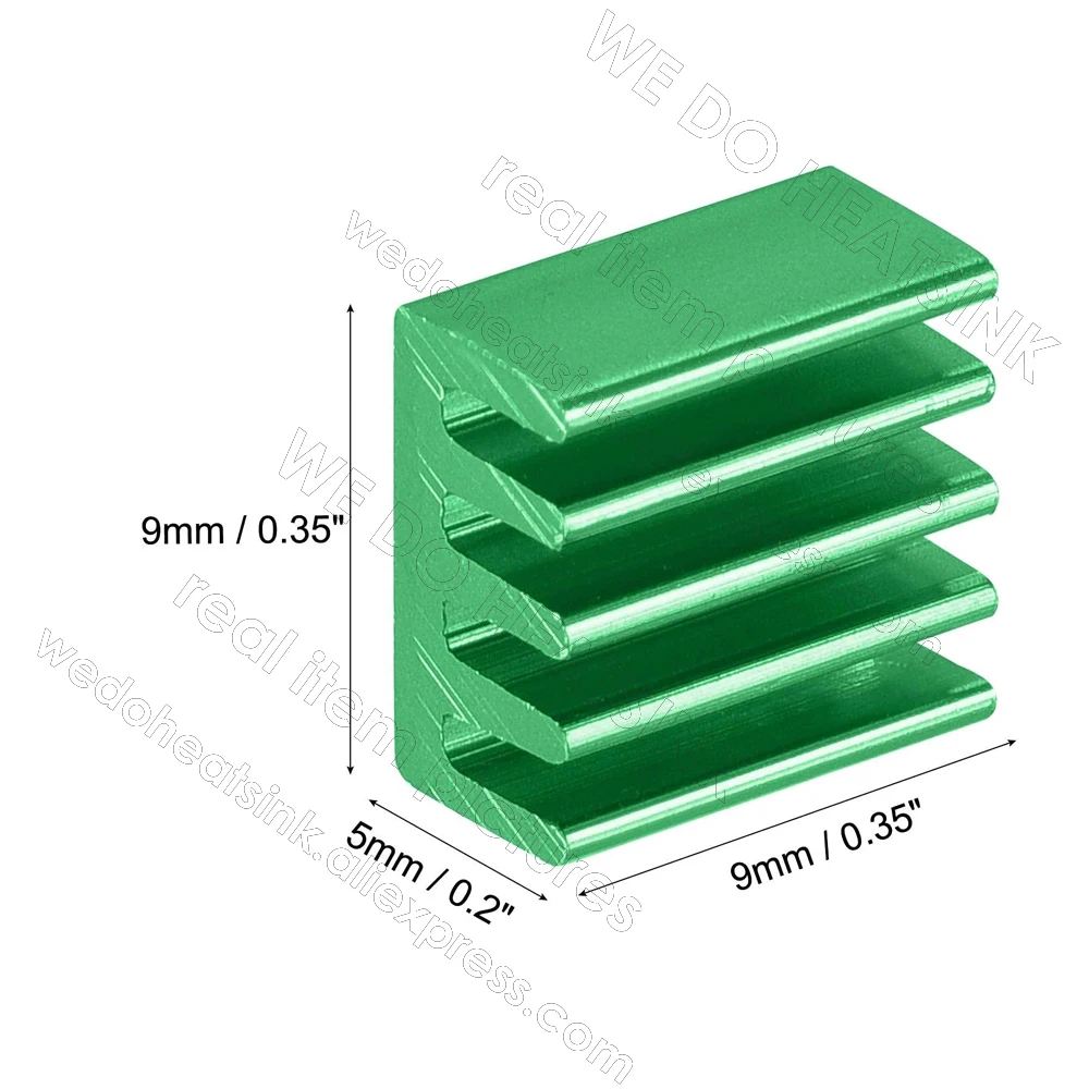 9x9x5mm Green Aluminum Cooler Heat Sink for Cooling VRM Stepper Driver MOSFET VRam Regulators With pre Applied Thermal Tapes