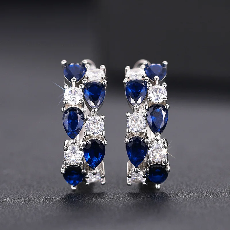 New Water Drop Inlaid Treasure Blue Zircon Ear Buckle Elegant, High Luxury, Fashionable, Exquisite, Ladies' Style Accessories