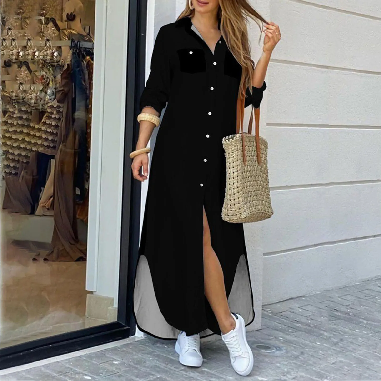 Summer Fahsion Long Dress Long Sleeve Sexy Slit Shirt Dress Women\'s  Long Dress Pocket Button Solid Color Casual Loose Dress