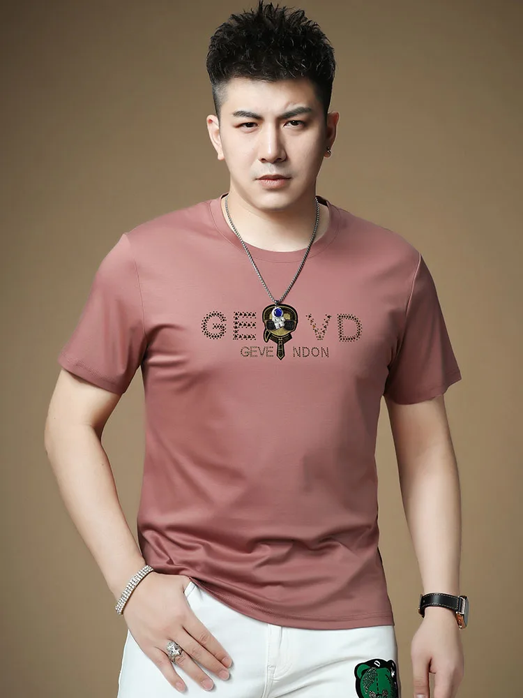 

Мужская летняя футболка с круглым вырезом из хлопка с обработкой жидким аммиаком, приталенная, из ледяного шелка, с модным дизайном и стразами