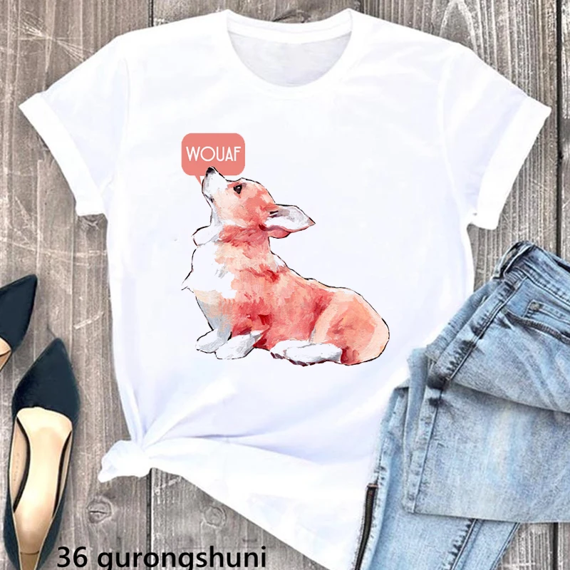 Wouaf Corgi Graphic Print Tshirt Girls Kawaii Dog Lover T Shirt Women'S Clothing Harajuku Shirt Summer Short Sleeve T-Shirt