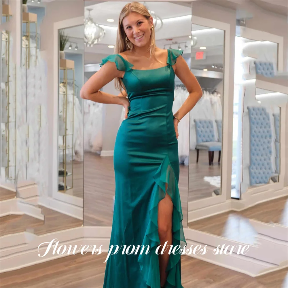 

Flowers Teal Satin Party Dress Square Neck فساتين السهرة with Sexy Lace Up Back Celebrity Dress for Woman Customized