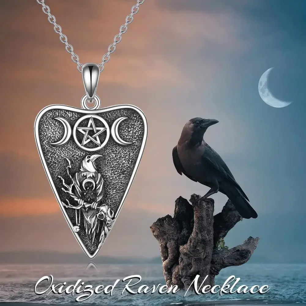 Fashion Vintage Style Triangle Pendant Necklace With Moon Crow Detail, Gothic Witch Jewelry Gifts Anniversary party gifts, jewel