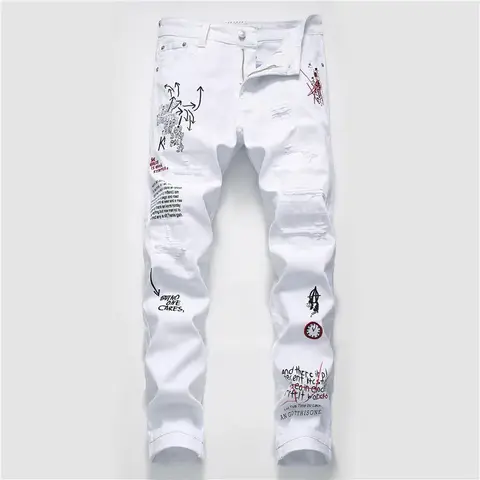 Nuovi uomini Streetwear personalità Jeans skinny bianchi stampati strappati Hip Hop Punk Pantaloni jeans denim elasticizzati da moto casual