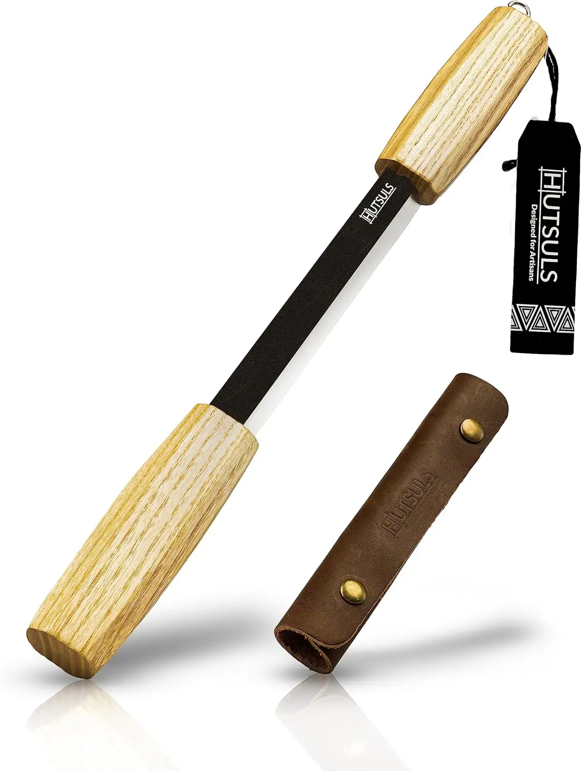 

Hutsuls Draw Knife 5.3" Debarking Tool with Leather Sheath, Carbon Steel Blade, Ashwood Handles for Bushcraft