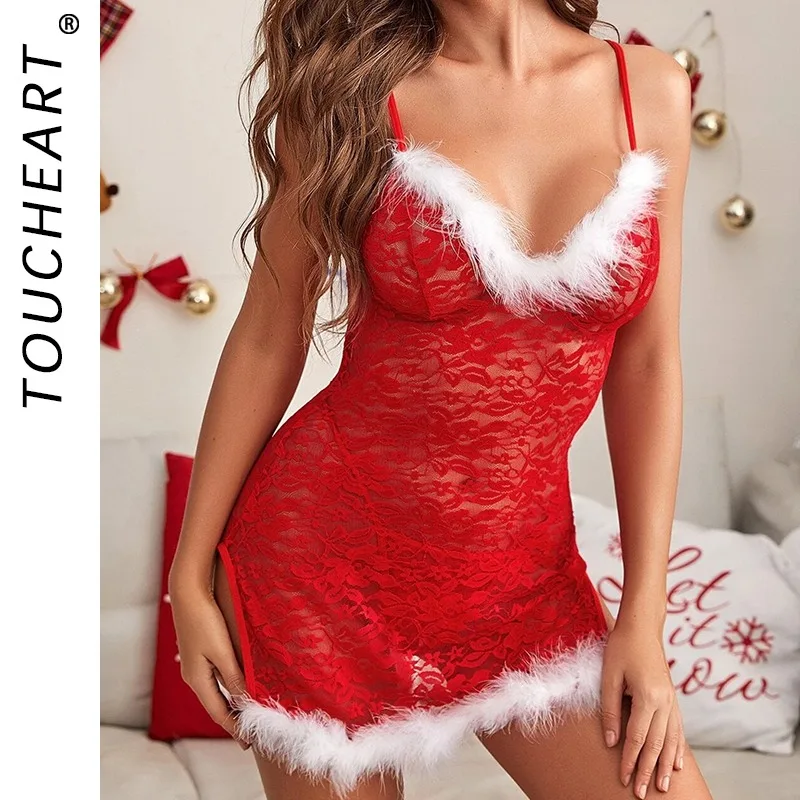 

Toucheart Christmas Erotic Lingerie Rough Edges Hollow Out See-through Gather Together Romantic Pure Desire Sleeping Skirt Women