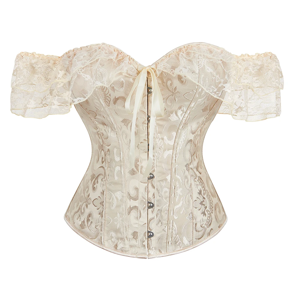 Corsetto Overbust manica corta in pizzo verde rosa Beige rosso bianco nero blu Vintage Jacquard vita Bustier Top