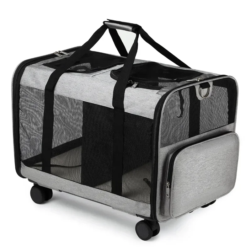 Eu Free Travel Rolling Dog Portable Cat Bag With Detachable Wheels Mesh Window Double Compartment Trolley Bag