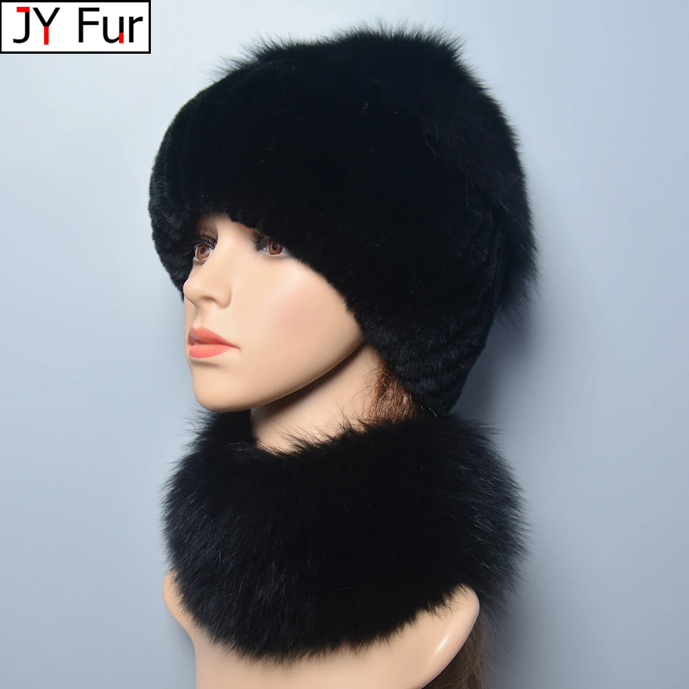 

2024 New Winter Women Luxury Real Fox Fur Hat Scarf Sets Lady Natural Rex Rabbit Fur Hats Knitted Fox Fur Cap Scarves 2 Pieces