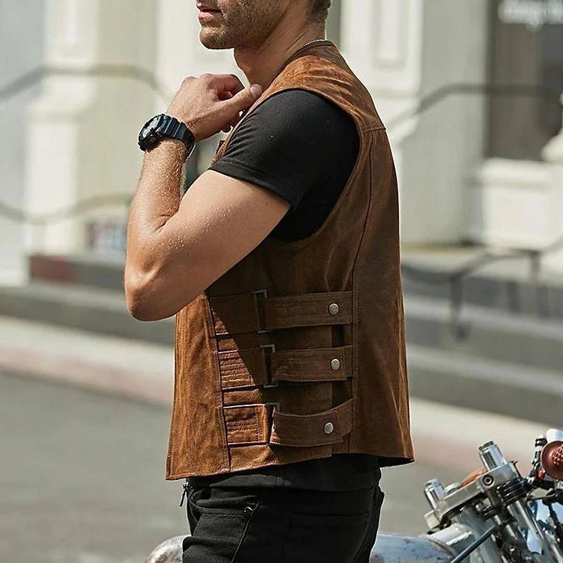 

Vintage Patch Pockets Button Men's PU Vest Coats Motorcycle Fashion Style Leather Jackets Sleeveless Crew Neck Zip-up Outerwear