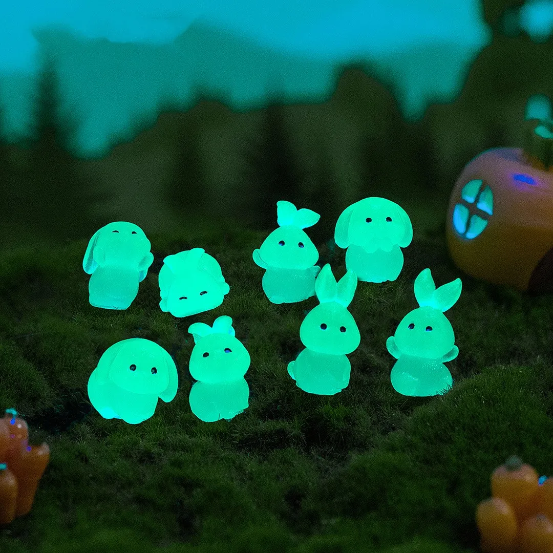 8PCS Luminous Rabbit Miniature Figurines Fairy Garden Decoration 8 Postures Cute Bunny Home Decor Glow At Night Desk Ornaments