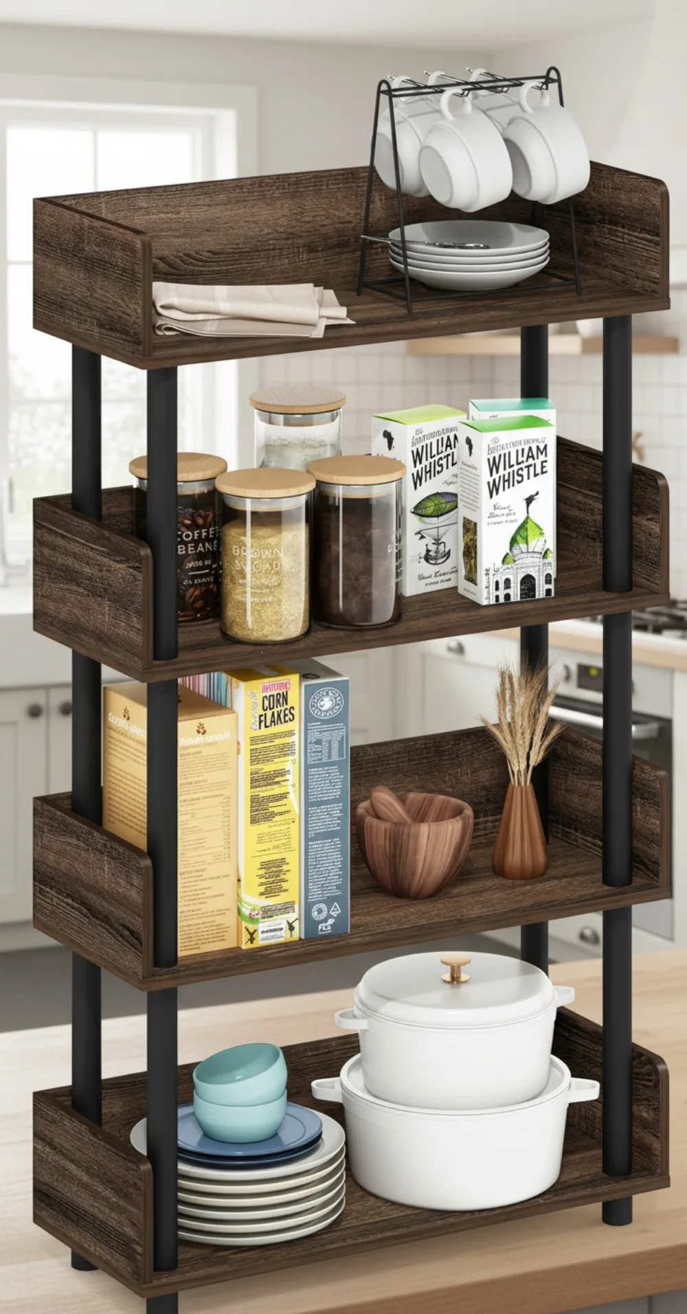 

4-Tier Display Shelf with Rounded Corners, Storage Organizer for Living Room and Home Office in Walnut Finish