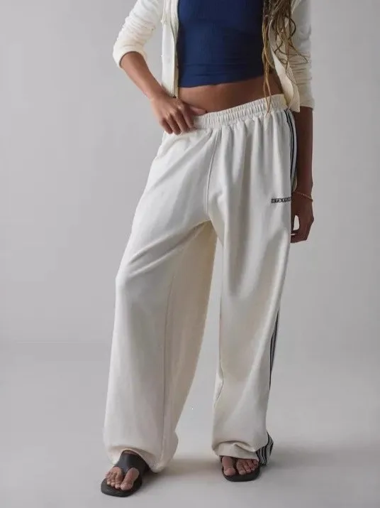 Comfortable Casual Pants Women's Loose Elastic Waist Embroidered Dance Sport Long Trousers Trendy Striped Drawstring Sweatpants