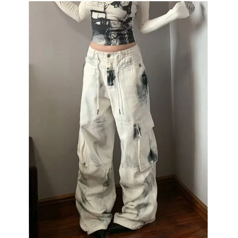 جينز نسائي واسع جينز نسائي سبان شوجو فتاة نمط الدنيم الطبقة السراويل البيضاء جان Y2k Coquette ملابس امرأة السراويل عالية الخصر