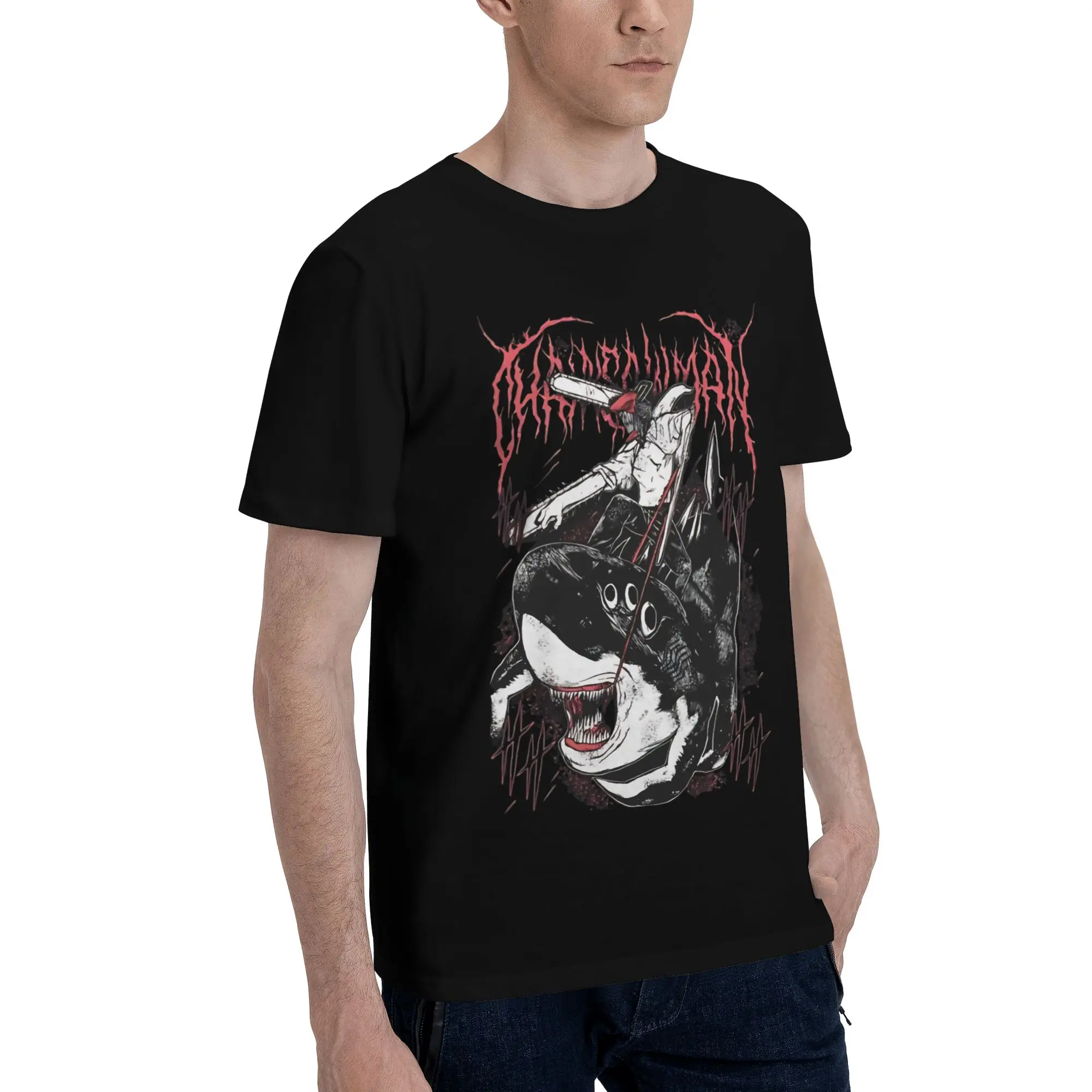 strong male  Funny 100% Cotton T-Shirt Bandai Chainsaw Man Tops Tees For Men