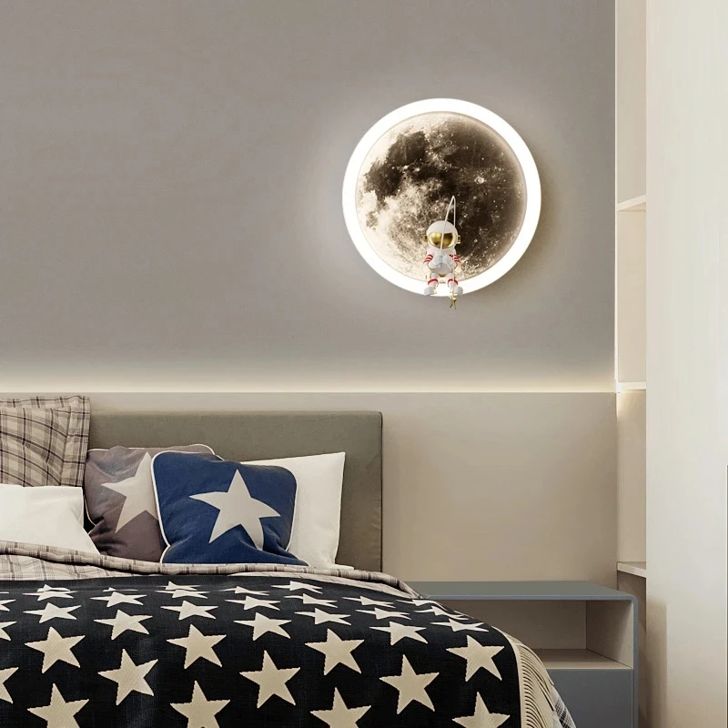 Cartoon Spaceman Astronaut Moon Round Led Wall Lamp  Kids Bedroom Sleeping Night Lights Boys And Girls Warm Background Sconces