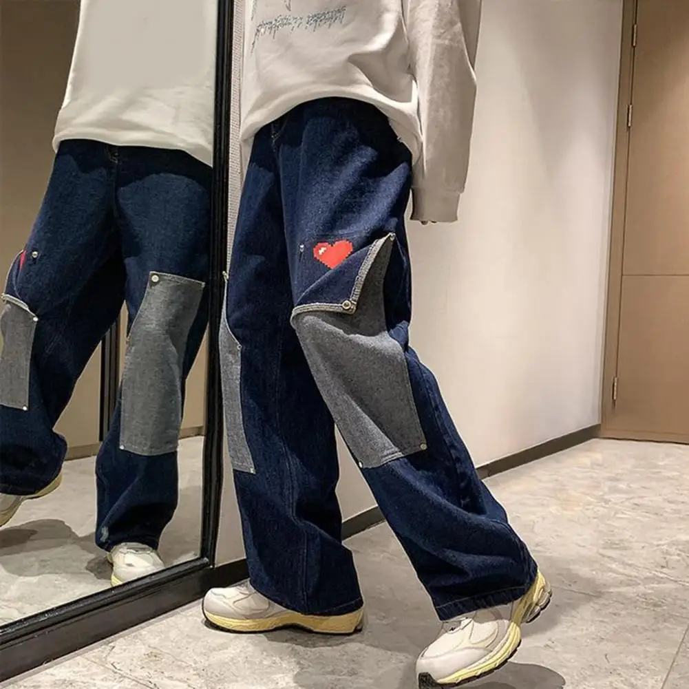 Men Jeans Heart Pattern Patchwork Wide Leg Denim Pants Vintage Draping Zipper Fly Cargo Jeans Men's Clothing For Daily Wear