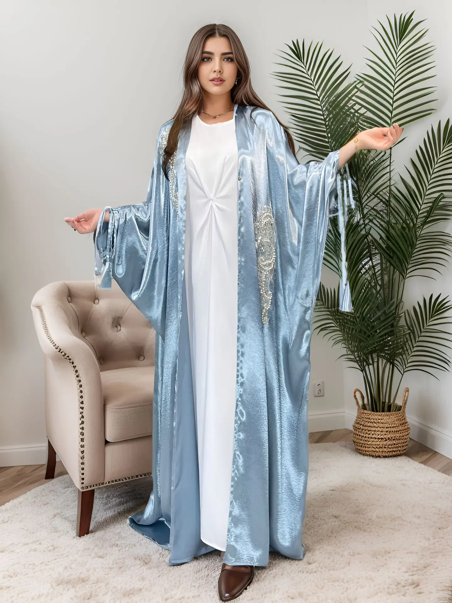 Kimono Abaya Turchia Raso Abaya Aperto per Le Donne Dubai Pianura Manica con Coulisse Perline Abiti Musulmani Vestito Islamico Caftano Veste