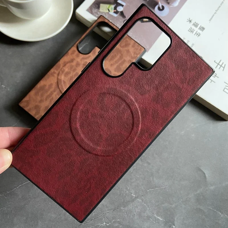 Luxury Business Magnetic Leather Phone Case for Samsung Galaxy S25 S24 S23 S22 Ultra Plus FE Leopard Floral Shockproof PU Cover