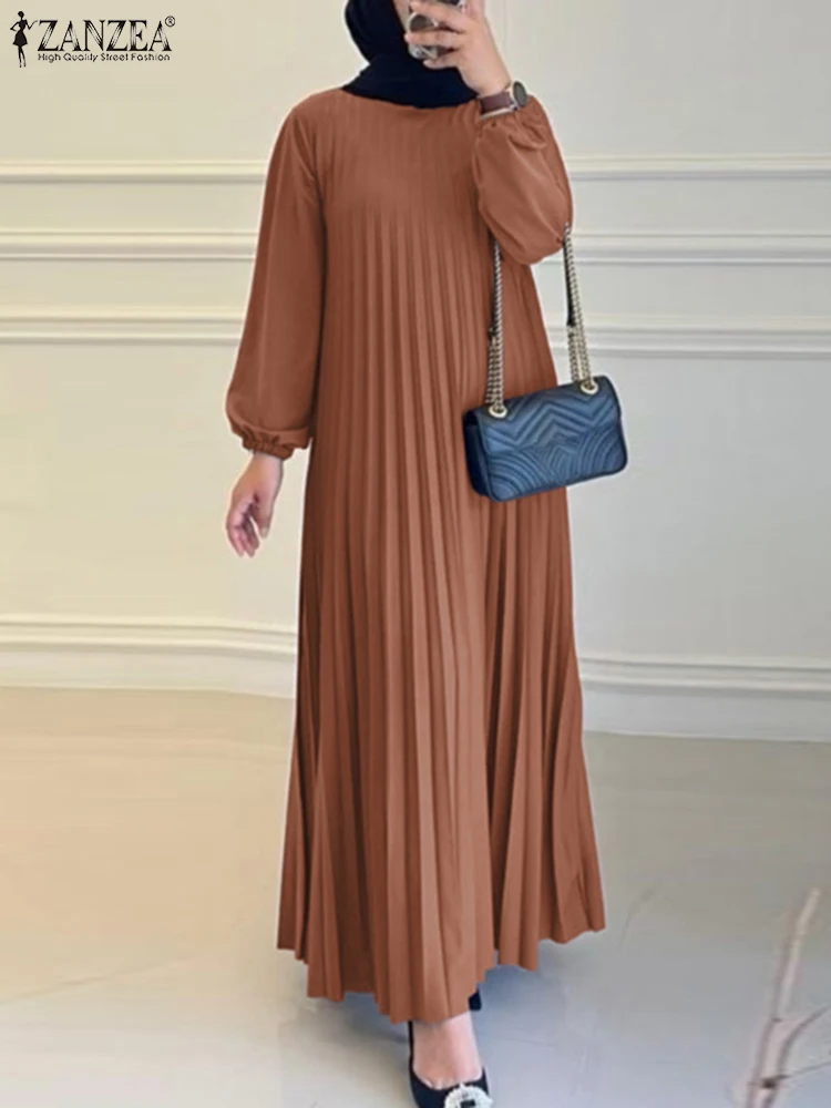 ZANZEA Elegant Fall 2024 Abaya Robes Solid Islamic Hijab Casual Loose Women Pleated Dress O Neck Muslim Fashion A-line Vestidos