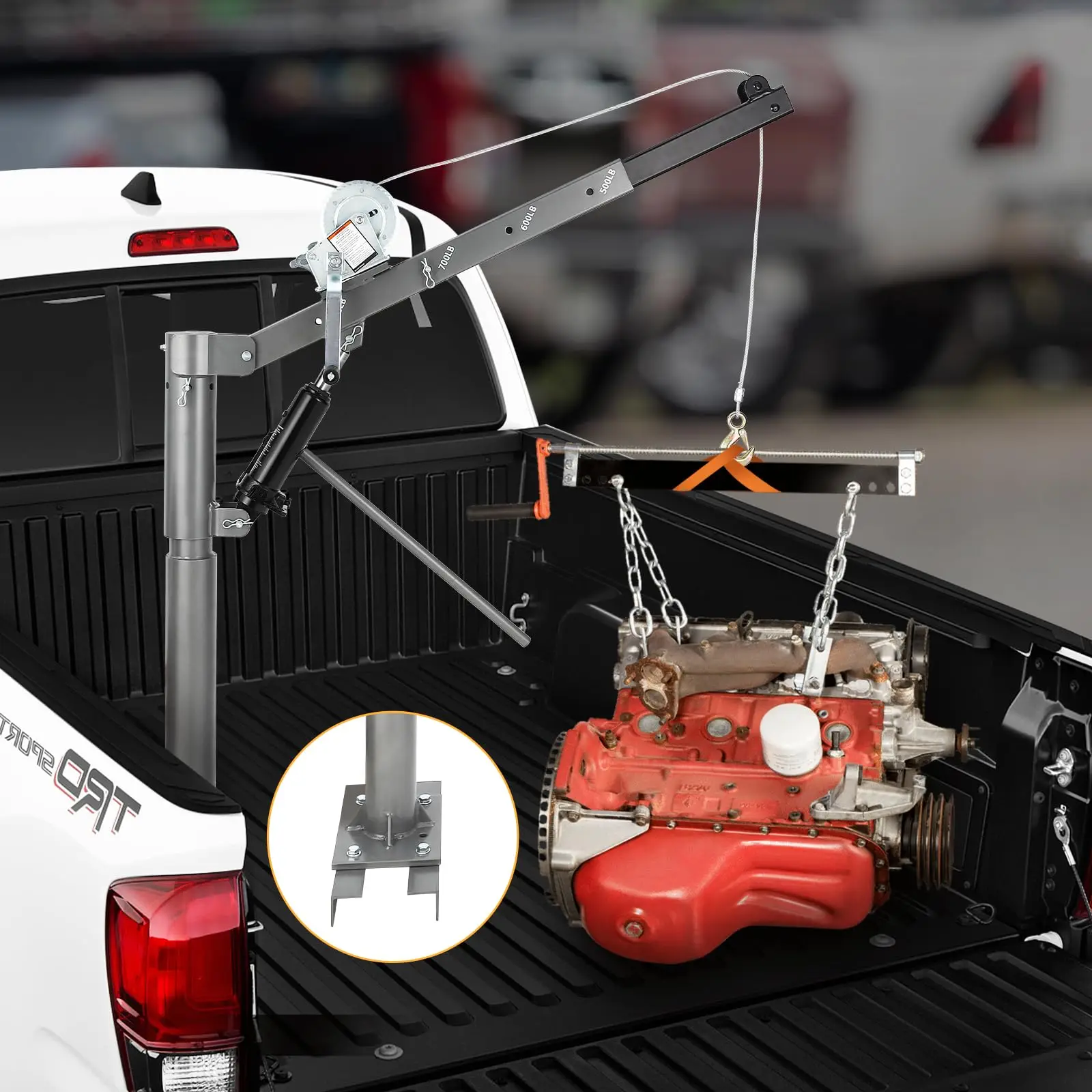 1000 lbs Hydraulic Pickup Truck Crane Hoist – Heavy Duty Folding Jib Crane with Manual Winch – 360° Swivel – 4 Adjustable Boom Levels – Efficient Lifting for Truck Beds, Warehouses, Construction