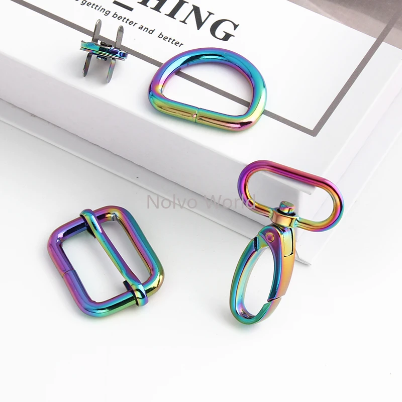 20/25/32/38MM Rainbow Metal Swivel Hook With D Rings Set For Bags Strap Purses Keychain Triangle Glide Slide Buckle Accessories