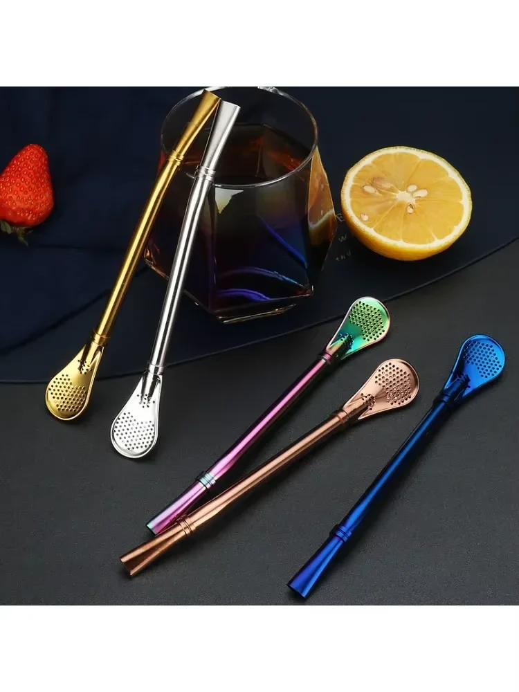 Colorful 304 Stainless Steel Tea Drinking Straws Spoon Yerba Mate Tea Filter Reusable Bombilla Gourd Tea Tools Bar Accessories