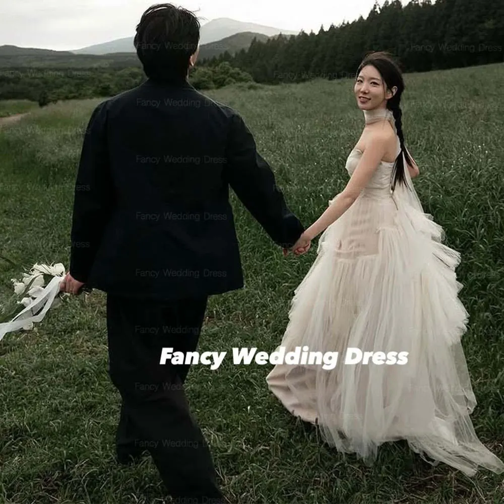 Fancy Princess Strapless Korea Wedding Dress Photography A Line Soft Tulle Bridal Gown Floor Length With Shawl Back Customized