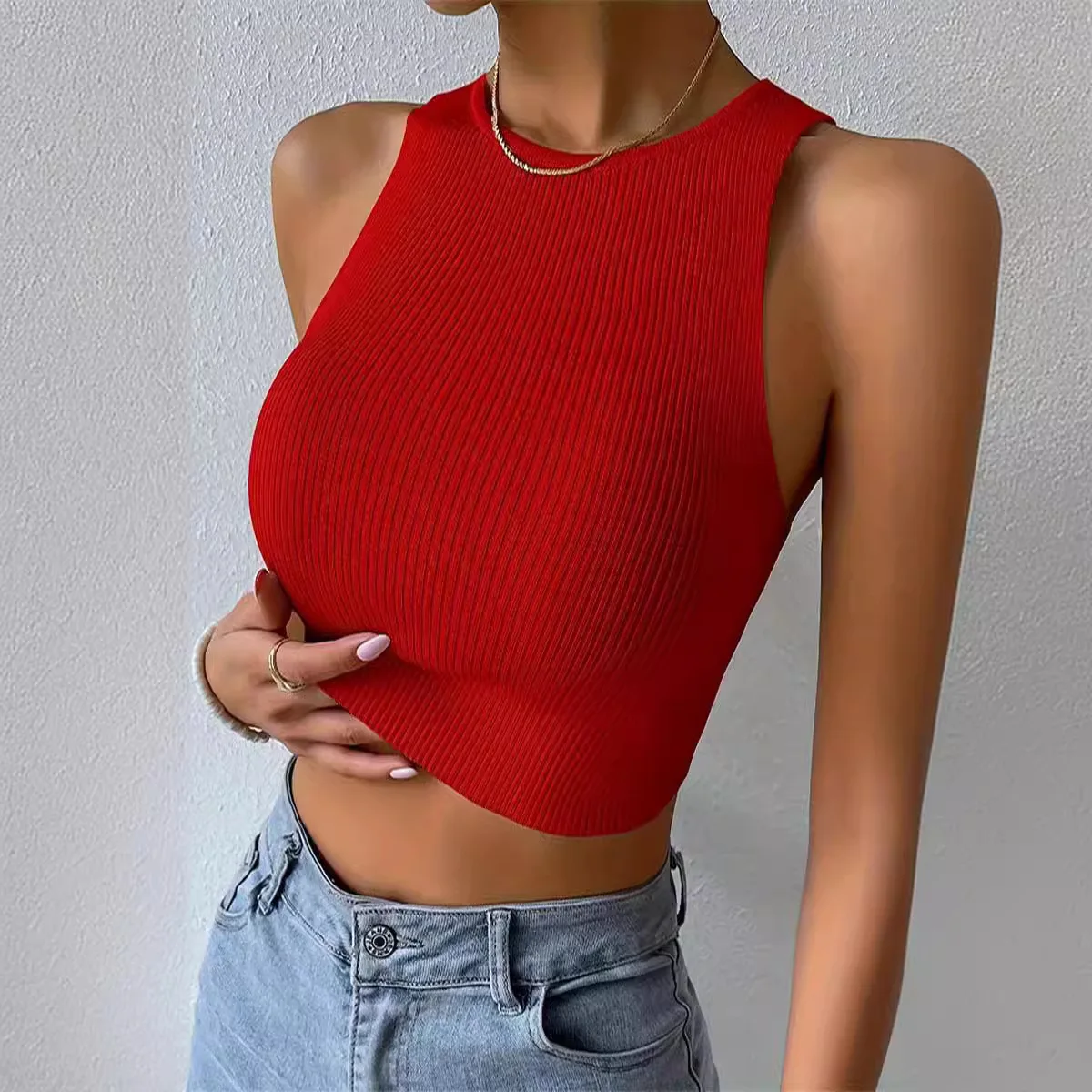 

2026 Summer New Open Button Vest High Waist Short Thread Wear Slim Fit Sports Vest