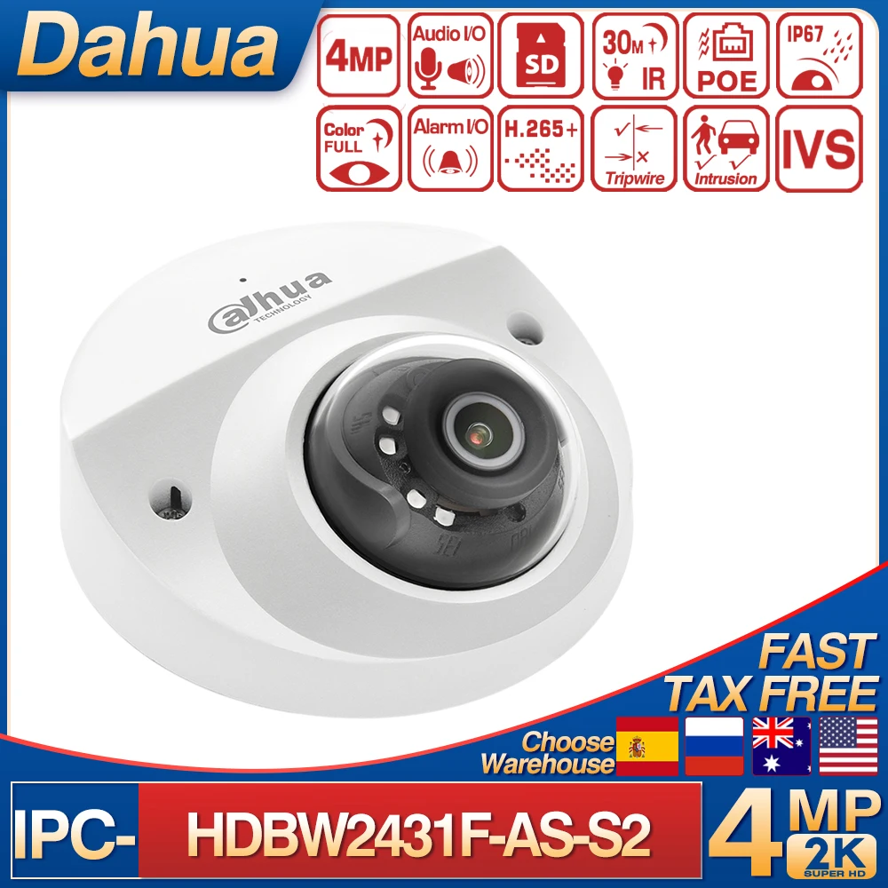 Dahua 4MP Fisheye IP Camera IPC-HDBW2431F-AS-S2 IP67 IK10 Built-in Mic Lite IR 30m SMART H.265 Fixed-focal PoE Network Camera