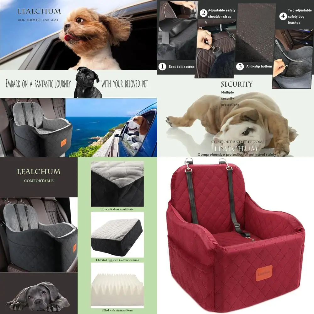 

Elevated Pet Car Seat with Cushion, Fits Small/Medium Dogs, Detachable & Washable, 2 Pockets, Easy Install, Red, Medium