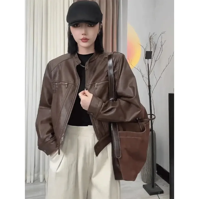 Women's Faux PU Leather Jacket Fashion Brown Female Overcoat Black New Product Good Quality Clothes Women's Spring Autumn Jacket
