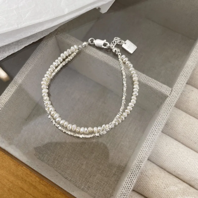 Pulsera de perlas de plata esterlina 925 para mujer, brazalete de cuentas de doble capa, versátil, moda coreana, joyería de lujo para fiesta y boda