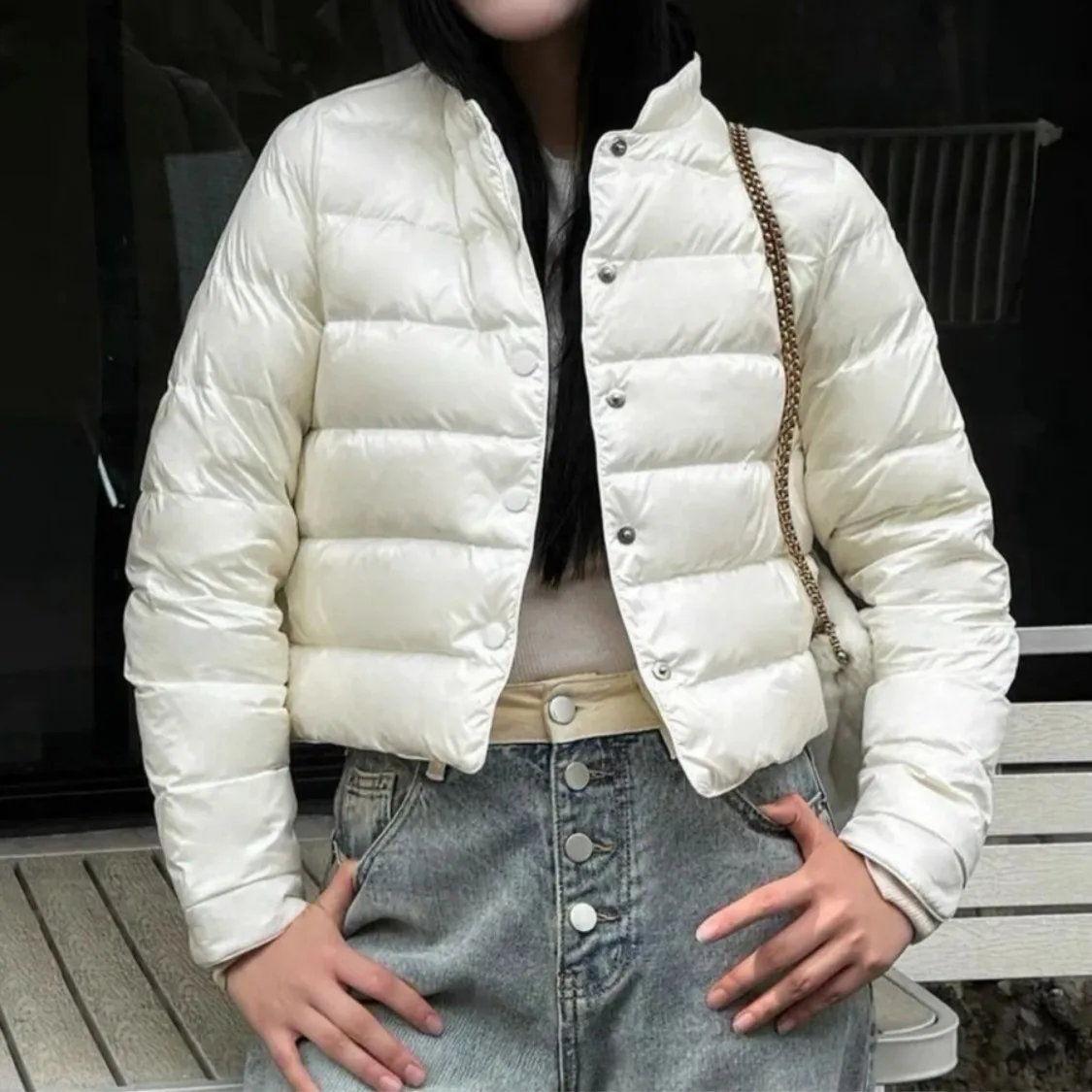 

Young Women's Faionable ort Cotton Jaet Warm Inner Liner Simple Korean Sle Commuter Coat Trendy Winter Outerwear