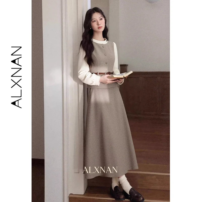 

ALXNAN Elegant Korean Style Fake Two-Piece Dress Women Autumn Long Sleeve Slim Waist Maxi Party Dress Female Clothing DYL662138