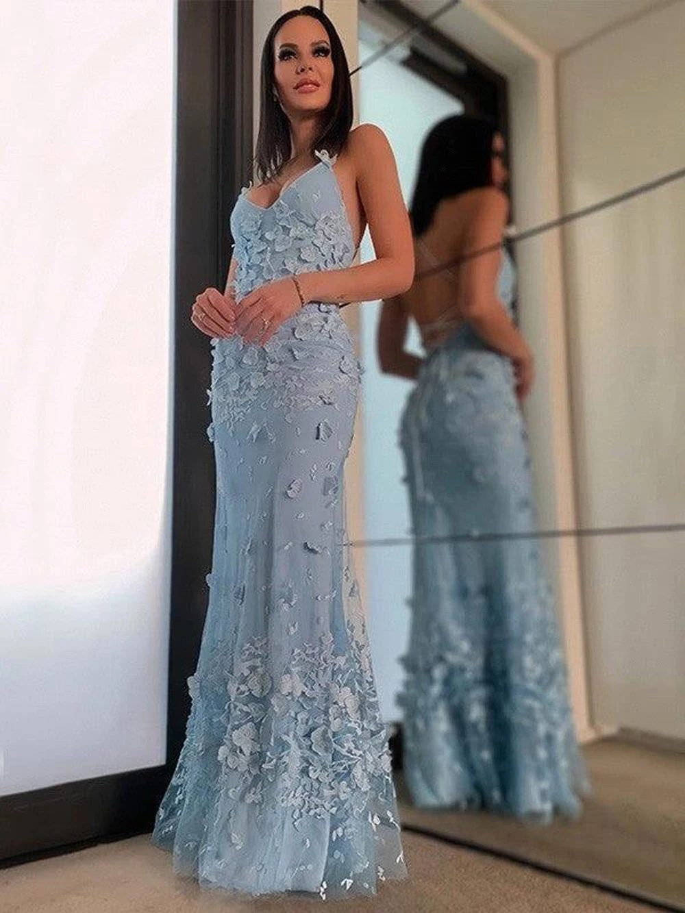 Elegant Blue Tulle Evening Dresses Women V Neck Mermaid Appliques Spaghetti Straps Vestido De Fiesta Formal Wedding Party Gowns