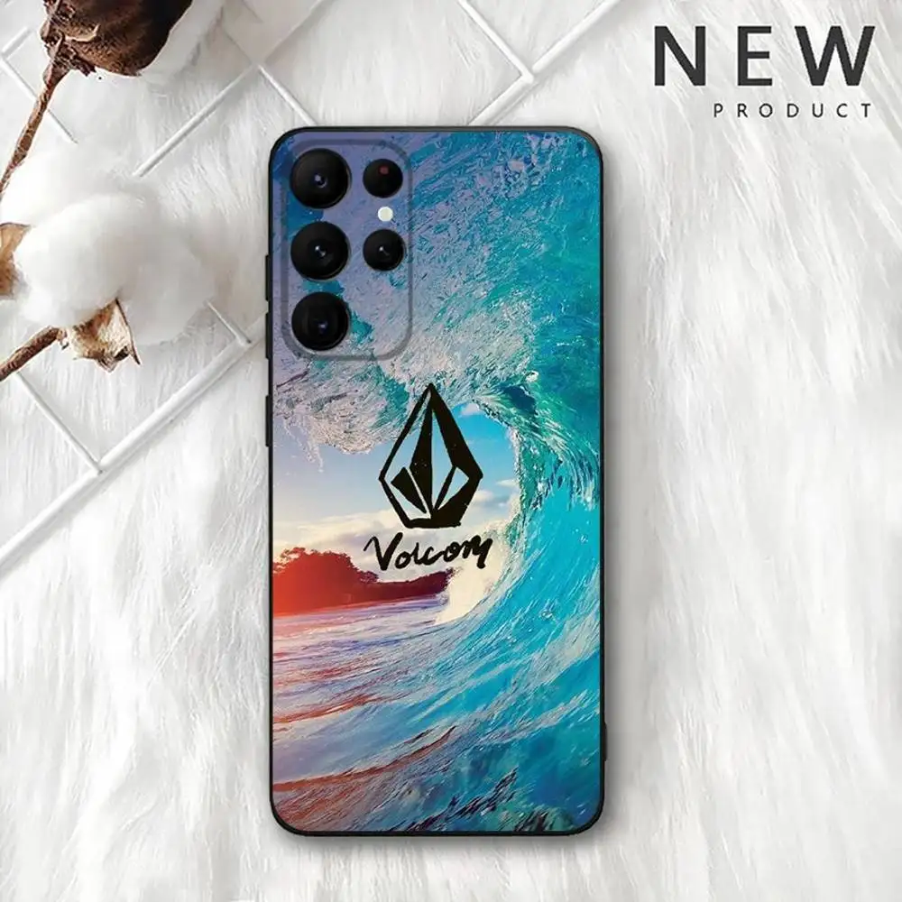 Moda v-volcom esporte estilo caso de telefone para samsung s 25,24,23,22,30,21,10,9,ultra,plus,lite,fe,4,5g preto caso macio