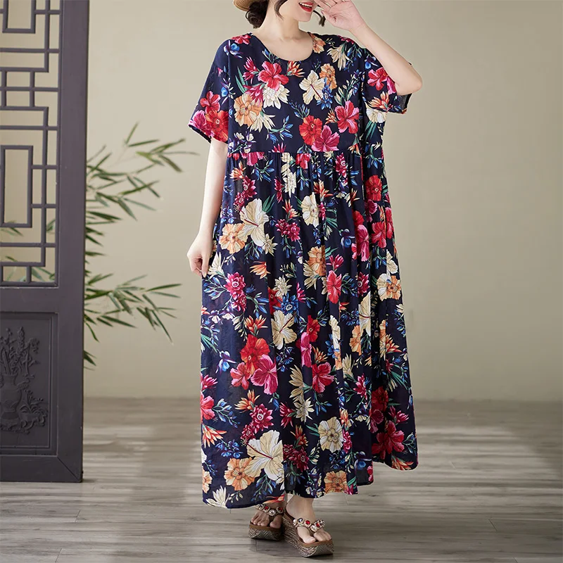 

Fashionable Long Summer Dress round Neck Short Sleeve Large Floral Print Loose Fit Cotton Citywalk A-Line Dress for Ladies