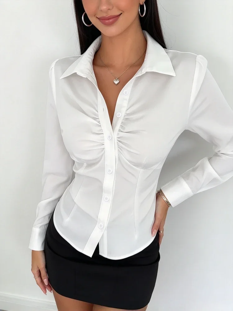 Spring Autumn Women Solid Lapel Shirt Front Ruched Slim Waist Long Sleeve Button Down Office Work Professional Fitted Blouse Top