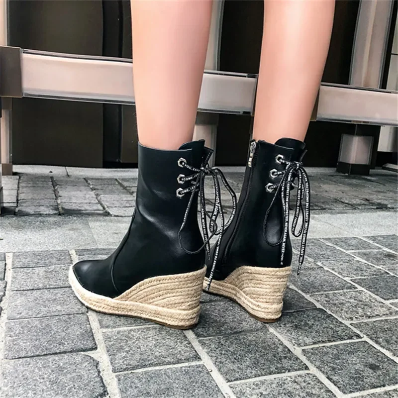 Women\'s High Quality Ankle Boots Women\'s Hemp Rope Straw Platform Wedge Boots Women\'s Zipper Back Collar Autumn Boots