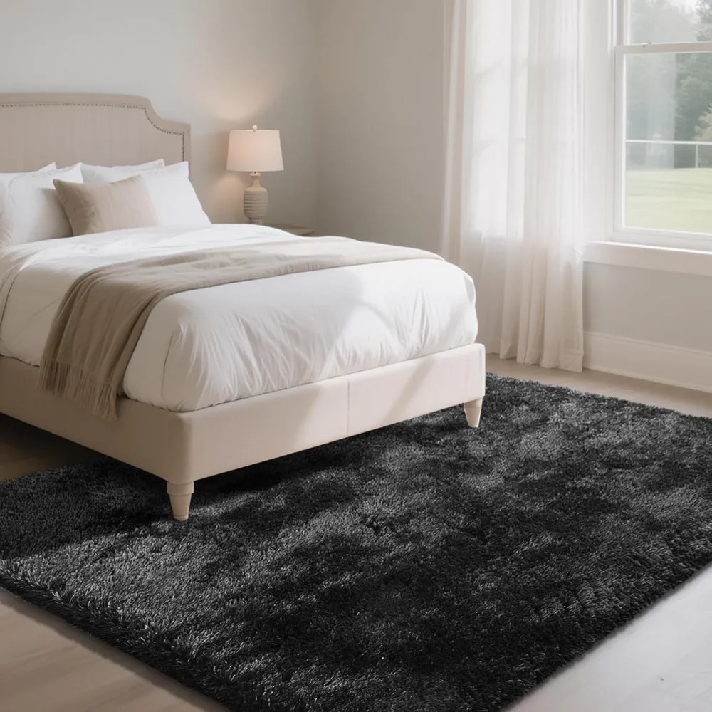 Fluffy Rug Shaggy Area Rug, Black 4x6 Area Rugs for Bedroom, Small Bedside Rug, Soft Fluffy Shaggy Entryway Throw Rugs