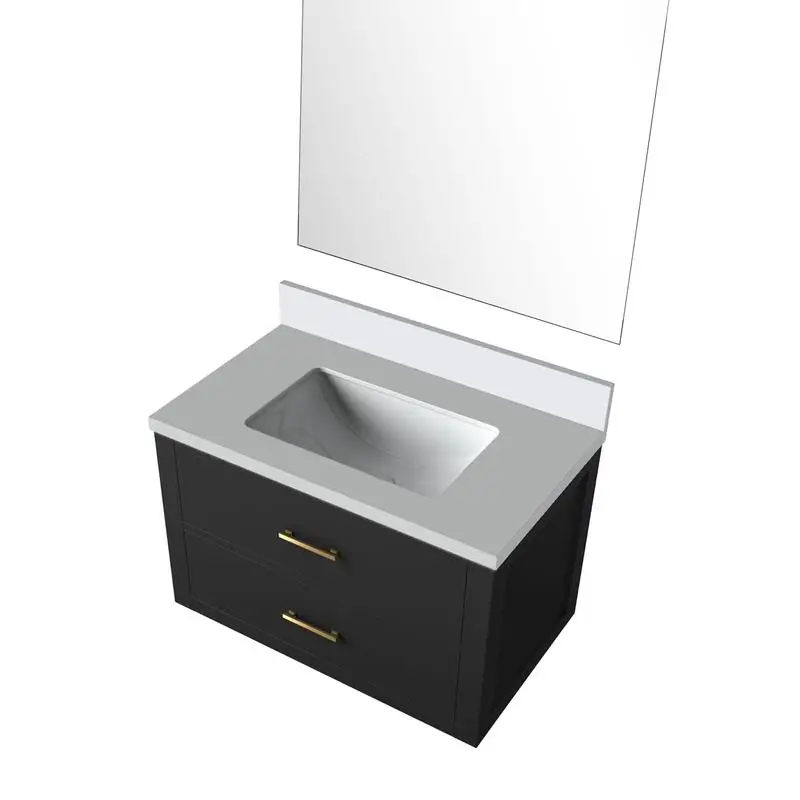 حمام فردي أسود مقاس 30 بوصة مع سطح كوارتز أبيض مقاس 22 بوصة ومرآة مقاس 28 بوصة