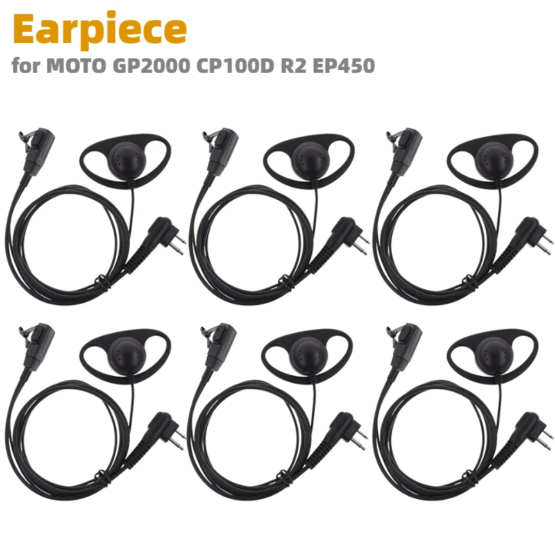 6PCS Earpiece 2 Pin D-Shape Earhook Headset PTT Mic for MOTO CP200D CP100D R2 CP200 CP185 BPR40 CLS1410 CLS1110 Walkie Talkie