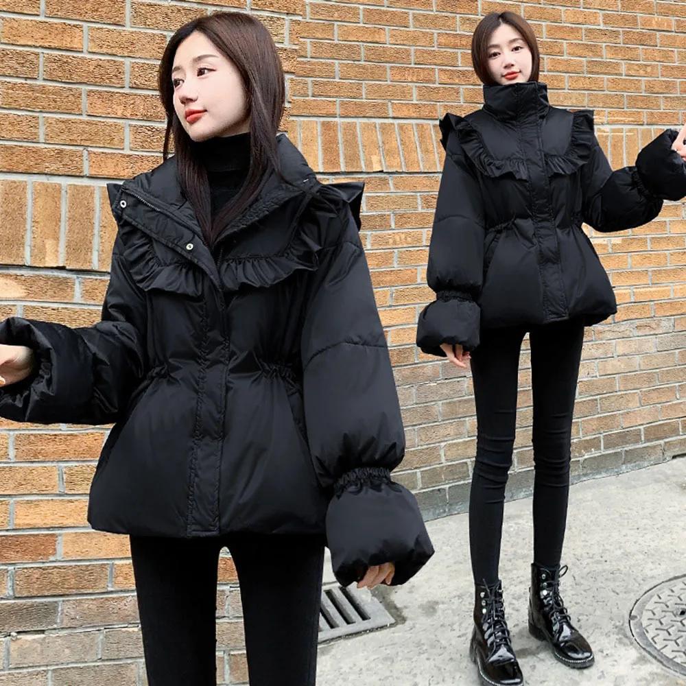 Fashion Ruffle Stand Collar Parkas Black Trumpet Sleeve Women Winter Jackets Elegant Ladies Cotton Outwear Coat Female Overcoat