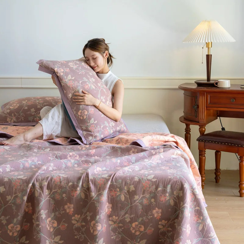 

Grade A Cotton Blanket Yarn-Dyed Jacquard 3-Layer Gauze Bed Cover Multi Functional Soft Throw Blanket for Home Bed Sofa